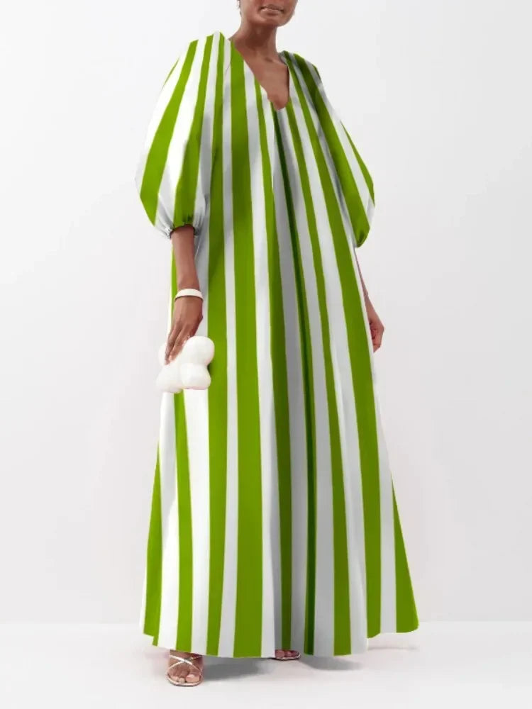 UOOZEE Damen Stylisches gestreiftes Party-Abendkleid 2025 Neues Frühling Herbst Puffärmel Lässiges Ausgeh-Kleid Urban