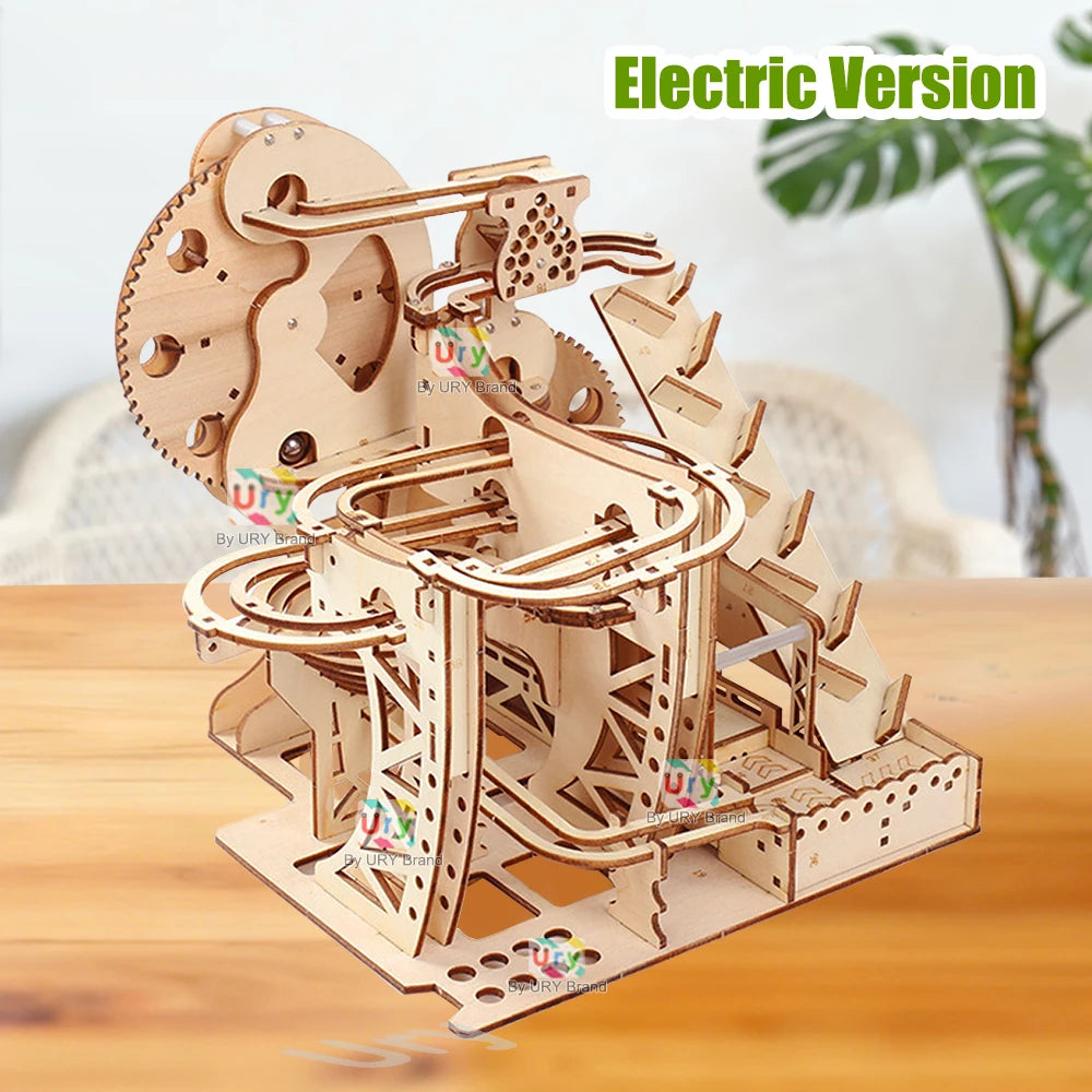 Ury 3D Wooden Puzzles Electric Marble Run Set Catapult Track Device Mechanical Model Science Balls Maze Assembly Gift for Kids