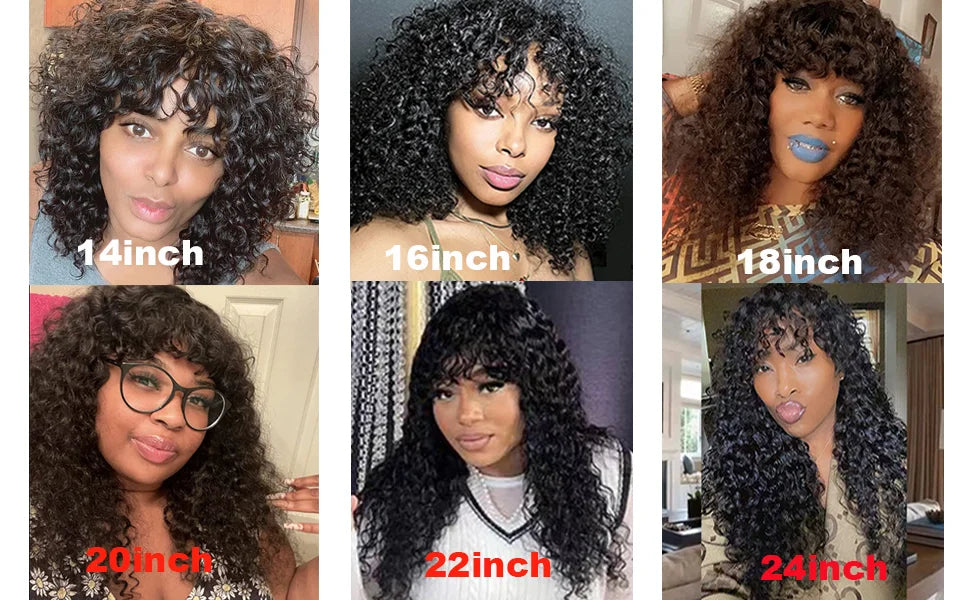 30 Zoll Water Wave Echthaarperücken mit Pony, klebefreie Pony-Perücke, Kinky Curly Bob Perücke mit Pony, vollmaschinell gefertigte Perücke, 180%
