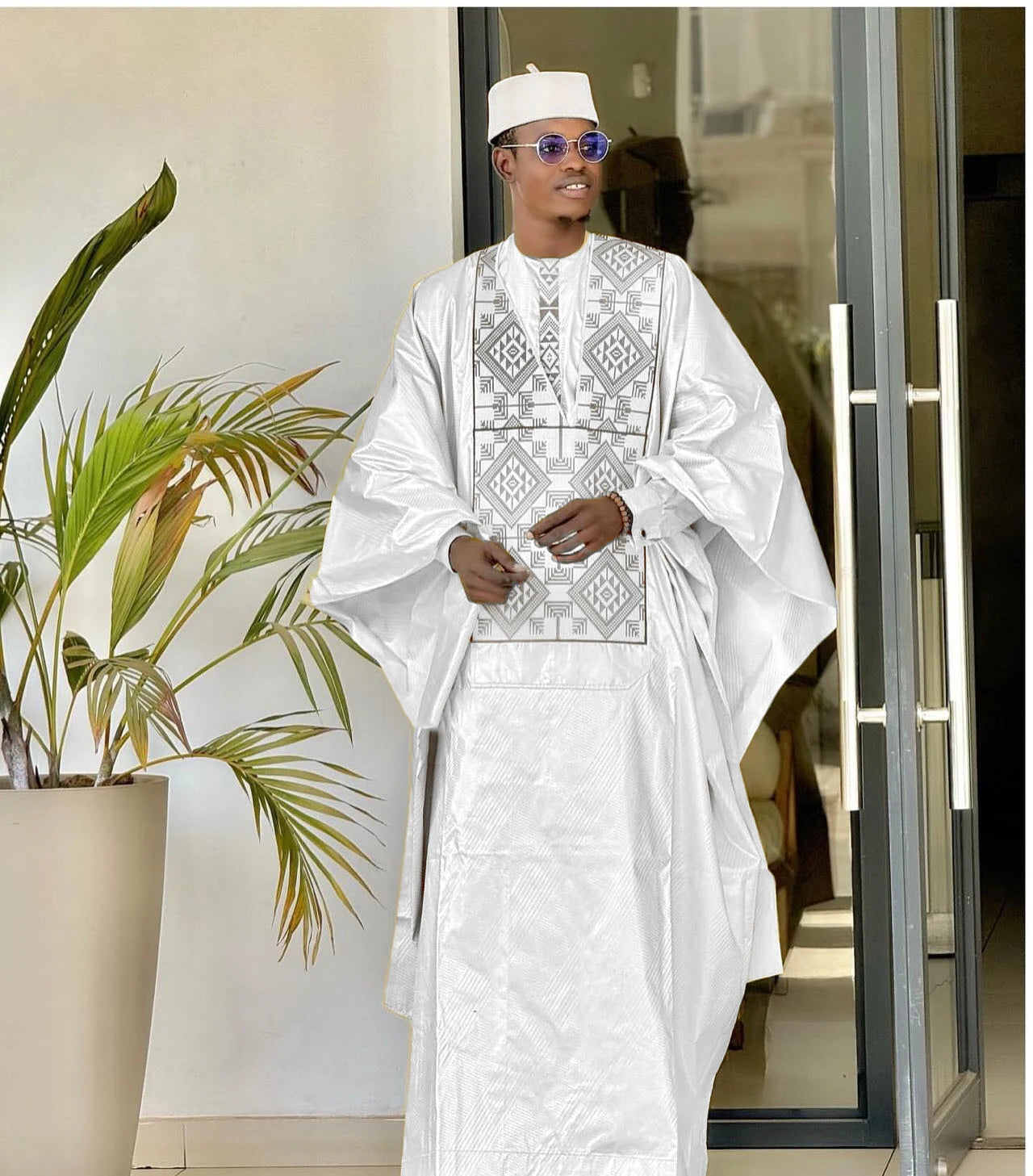 Vêtements Africains Homme Traditionnel Bazin Riche Broderie Haut Manches Longues Ensemble 3 Pièces