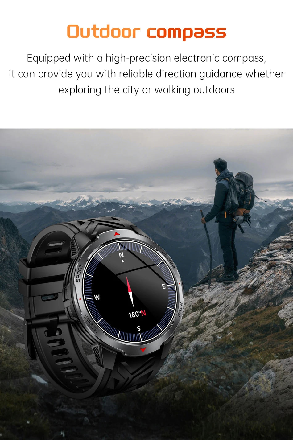 1100mAh Military Outdoor Smart Watch Men 1.7-inch Large Display Compass Sports Watch IP68 Waterproof Bluetooth Call Smartwatch