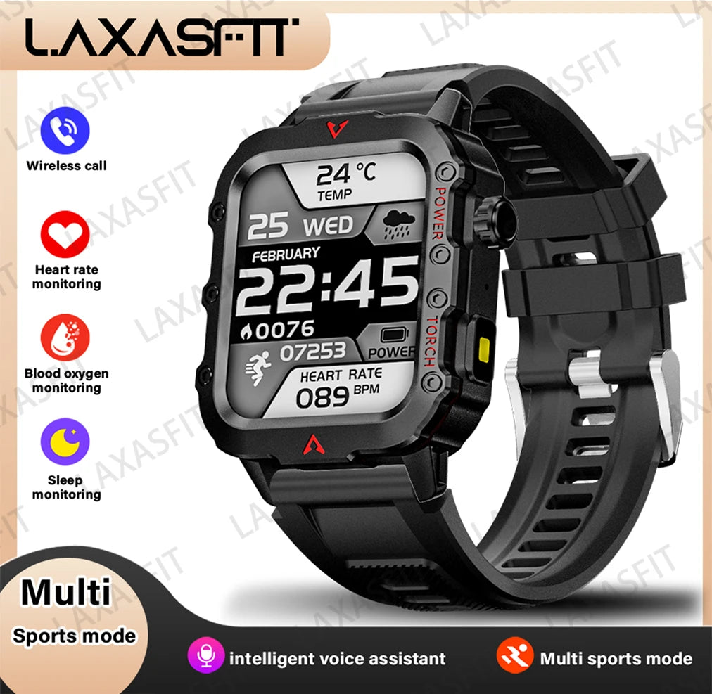 LAXASFIT Nouvelle montre intelligente pour homme Lampe de poche LED Montre intelligente de sport en plein air Surveillance de la santé Montre intelligente
