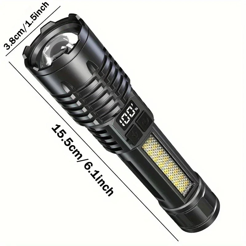 Super Big Flashlight USB Rechargeable Most Strong LED Flash Light Long Range Torch Zoom Outdoor With Digital Power Display