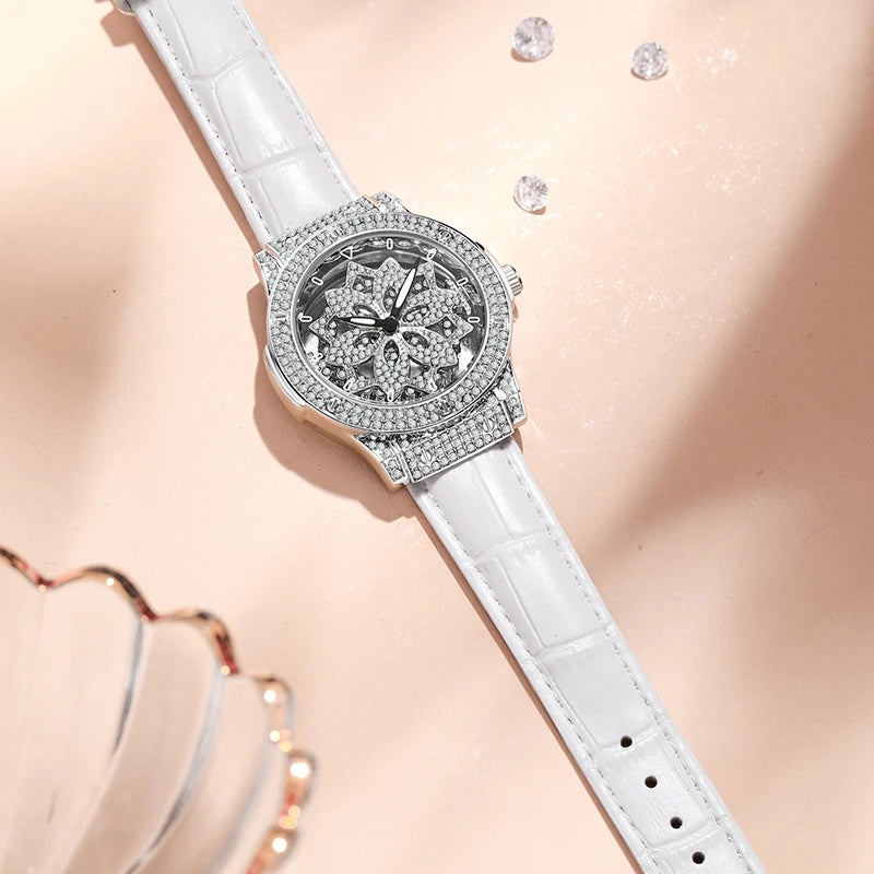 Beliebte Damenuhr mit modischem großem Zifferblatt, wasserdichte Pentagramm-Uhr für Mädchen, rotierende Hohluhr mit Schneeflocken für Damen