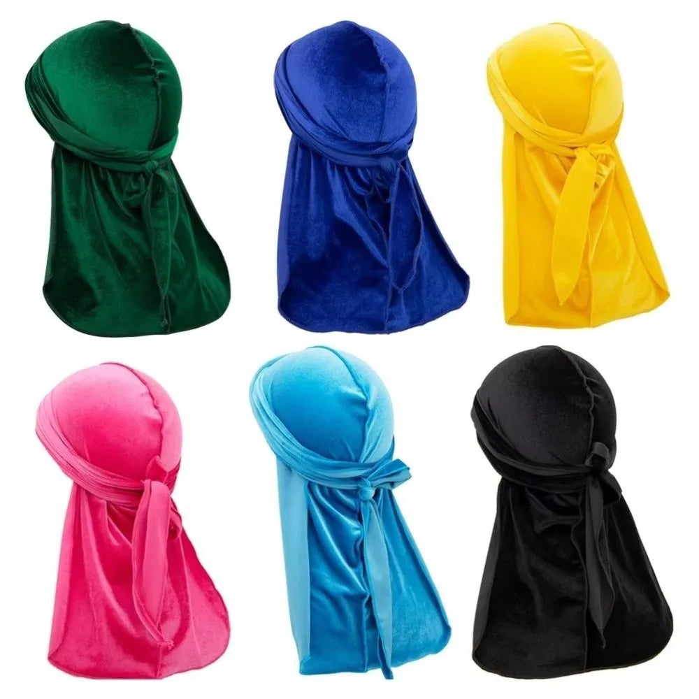 Nouveaux Durags en Velours Casquettes Longue Queue Chapeau Turban Respirant Bandeau Élastique Réglable Accessoires pour Cheveux