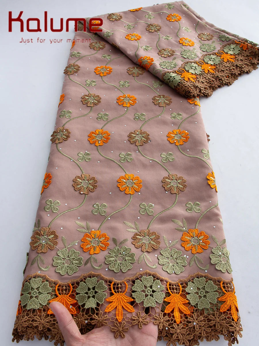 Kalume African 3D Cotton Lace Fabrics 2026 High Quality Swiss Voile Lace Fabric With Stone Nigerian Lace Fabrics For Party Dress