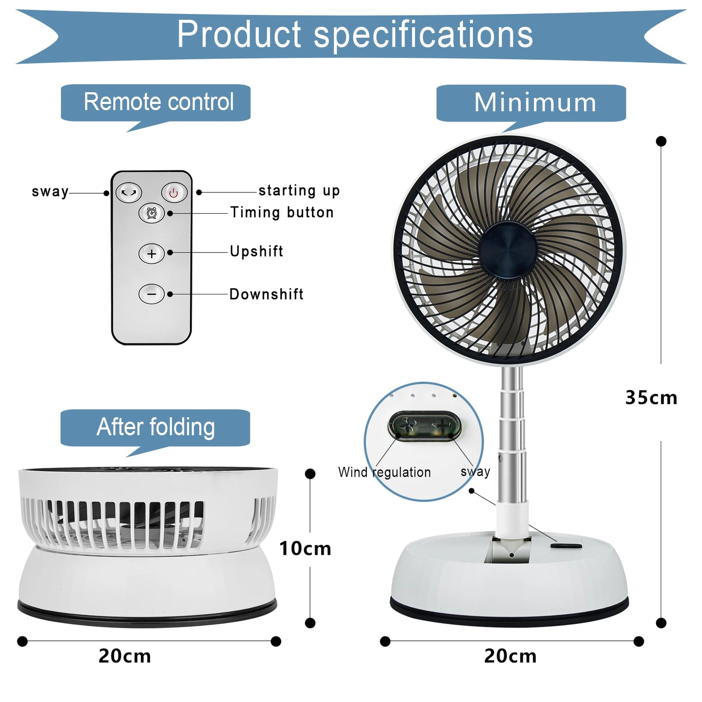 Tragbarer oszillierender Standventilator mit Fernbedienung, faltbarer Tischventilator, akkubetriebener Standventilator für Camping