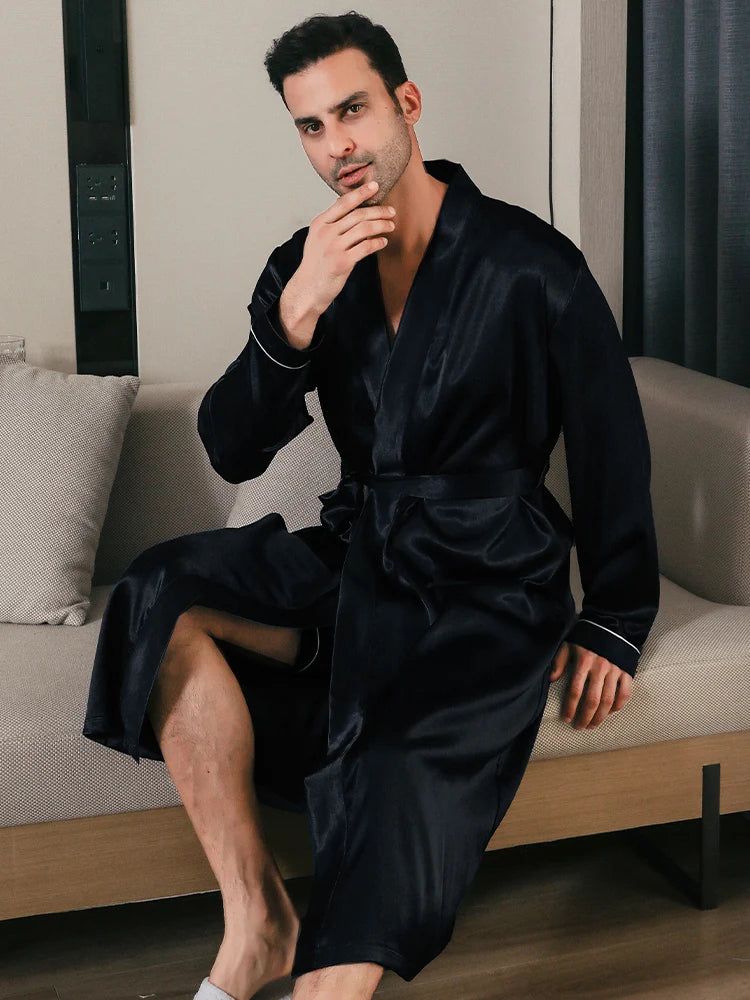 Pyjama homme printemps et automne, style soie fine, grande taille, pyjama à manches longues, peignoir en soie glacée, vêtements d'intérieur été