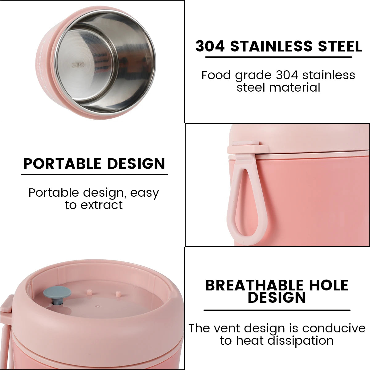 Récipient alimentaire isotherme sous vide pour aliments chauds en acier inoxydable 304 avec cuillère pliable et poignée, thermos portable pour le bureau et le travail