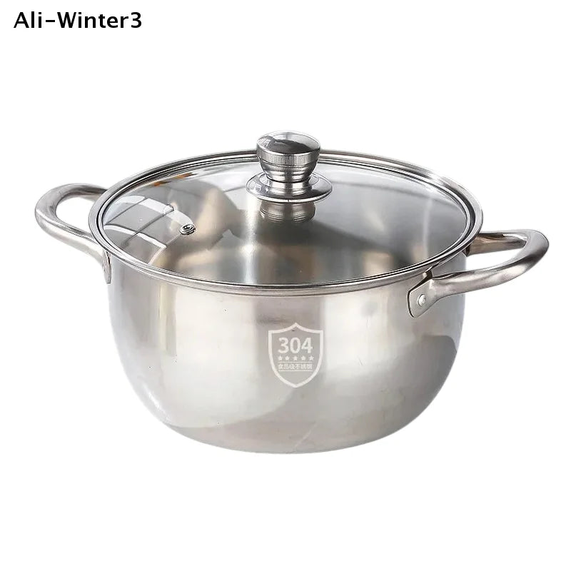 【R】Stainless Casserole Cookware Double Handle Soup Pot With Glass Cover For Induction Cooker Cooking
