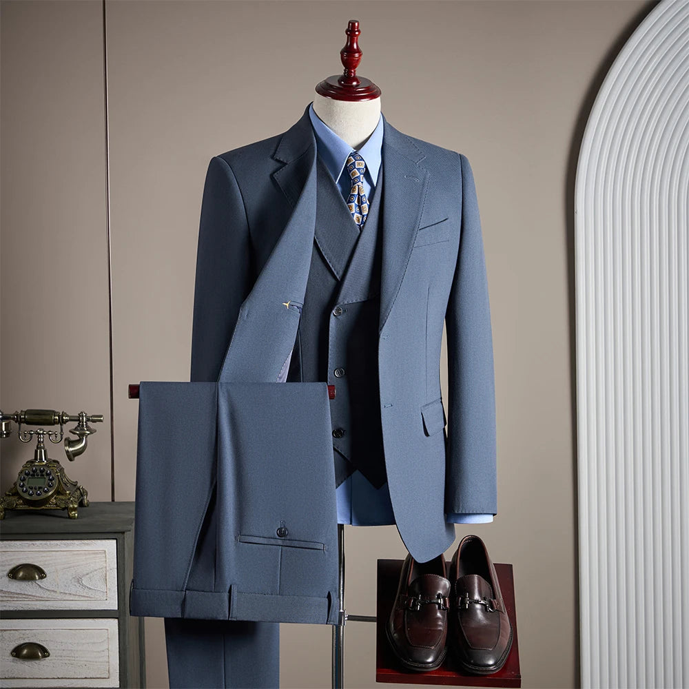 Ensemble de costume trois pièces en laine haut de gamme pour homme, élégant et décontracté, de couleur unie, idéal pour banquets et mariages.