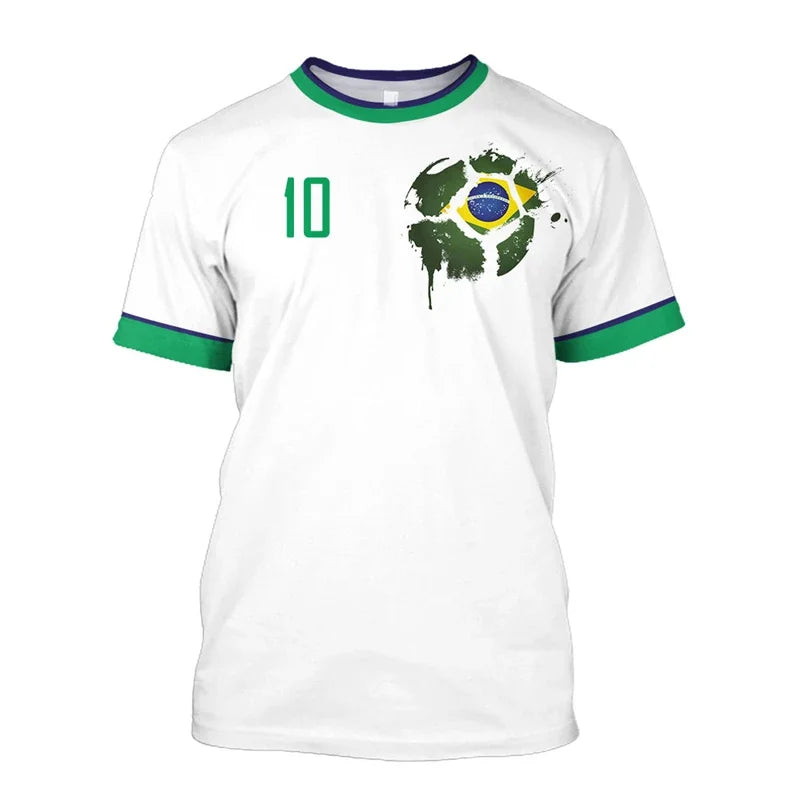 T-shirts de football Brésil Simples Mode d'été Manches courtes T-shirts imprimés drapeau brésilien 3D Hauts de sport décontractés Vêtements pour hommes