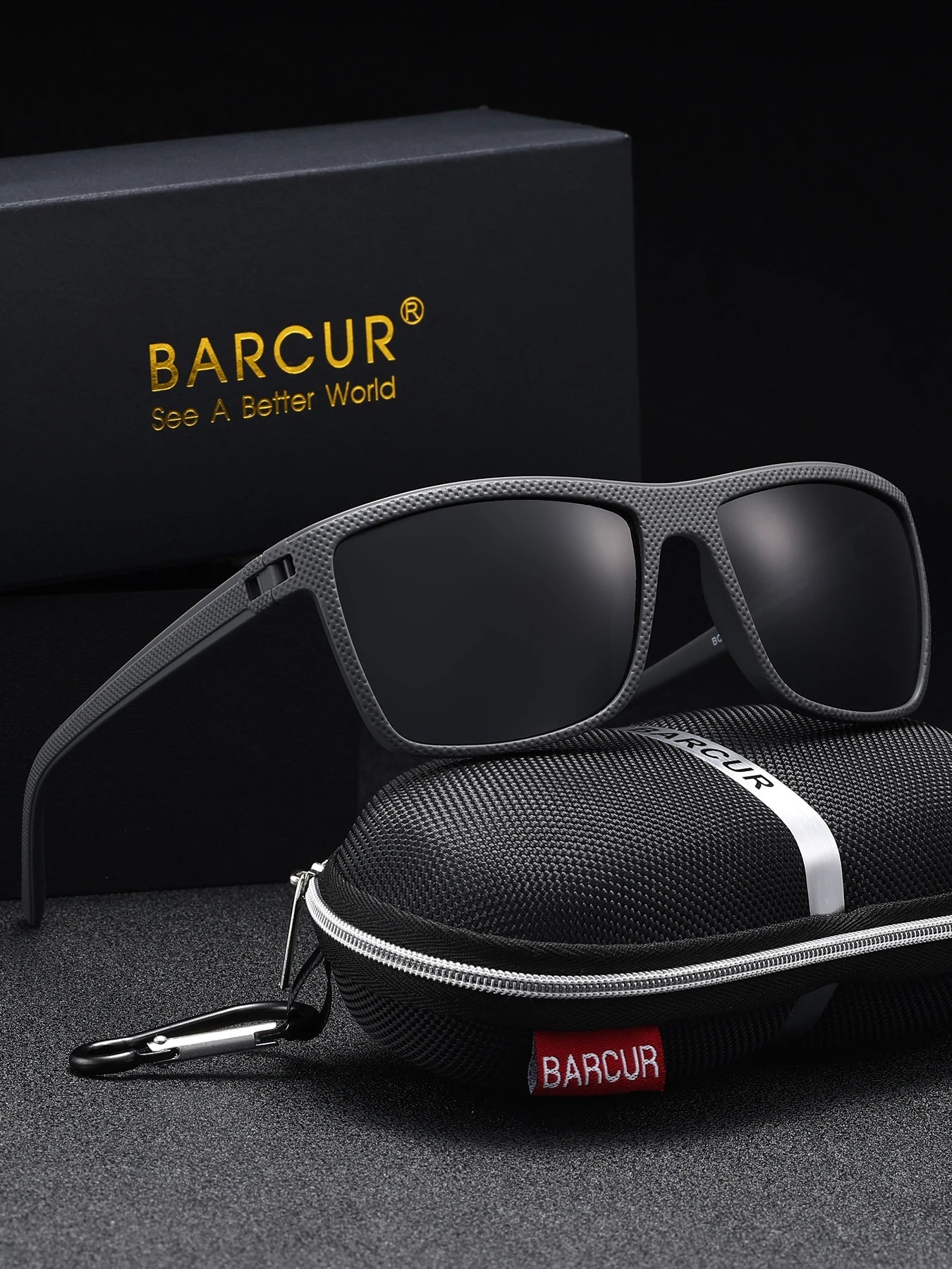 BARCUR Markenklassische Herren-Sonnenbrille, bequemer, robuster PC-Rechteckrahmen, TAC-Gläser, vielseitig, für jedes Alter, polarisiert