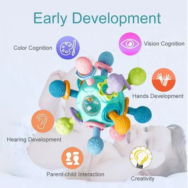 Jouets Bébé 0-12 Mois Hochet Balle Rotative Jouet d'Activité à Saisir Jouet de Développement Bébé Anneau de Dentition en Silicone Jouets Sensoriels Bébé pour Bébés