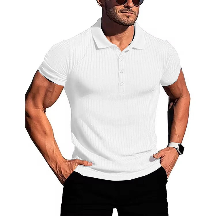 Herren Lauf-Sport-Fitnessbekleidung Sommer hochelastisches, vertikales Kurzarm-Polo-Shirt schlankes Strick-Basis-Shirt