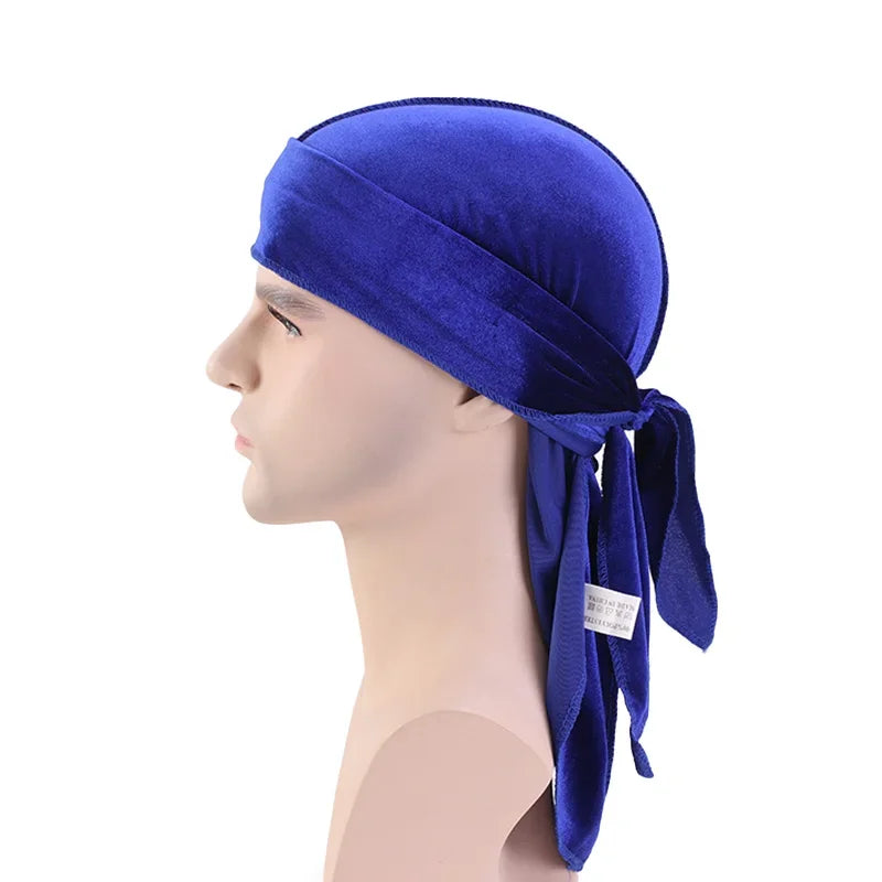 Neue Unisex Samt Durags Bandana Turban Hut Männer Frauen Atmungsaktive Lange Schwanz Piratenhüte Mütze Hip Hop Stirnband