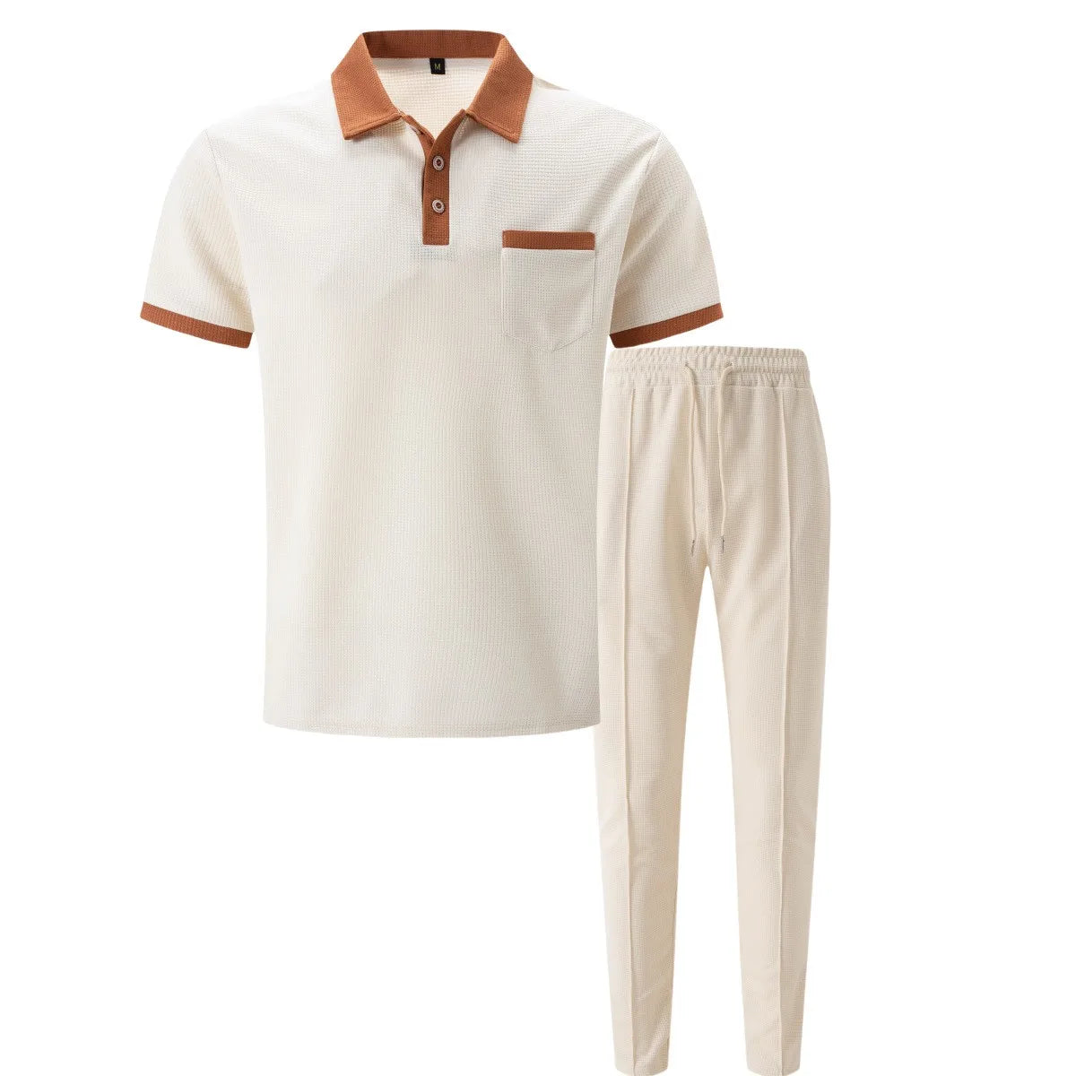 Ensemble deux pièces gaufré pour homme : polo contrasté avec poche poitrine et pantalon long à cordon de serrage, tenues décontractées pour la vie quotidienne.