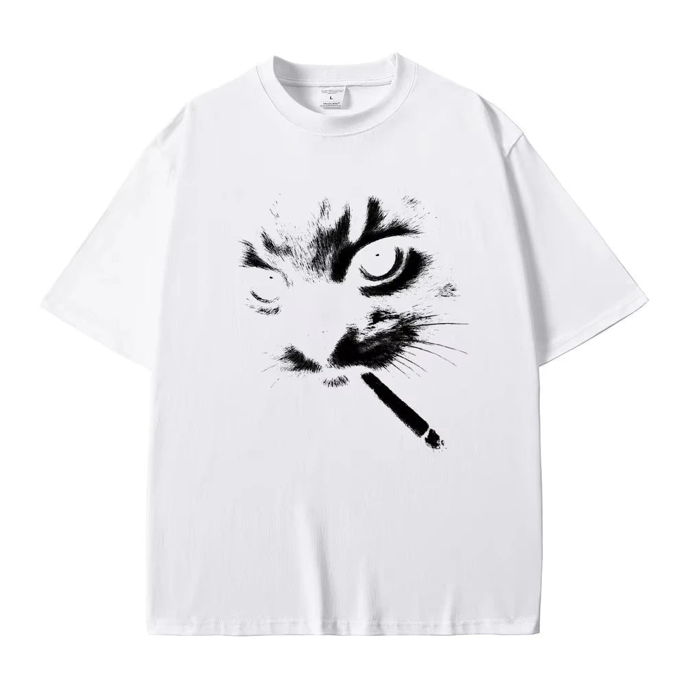 Funny Meme Smoking Cat Face Graphic T-shirts Men Women Casual Cotton Vintage T Shirts Men's Oversized T-shirts Cats Lovers Gifts