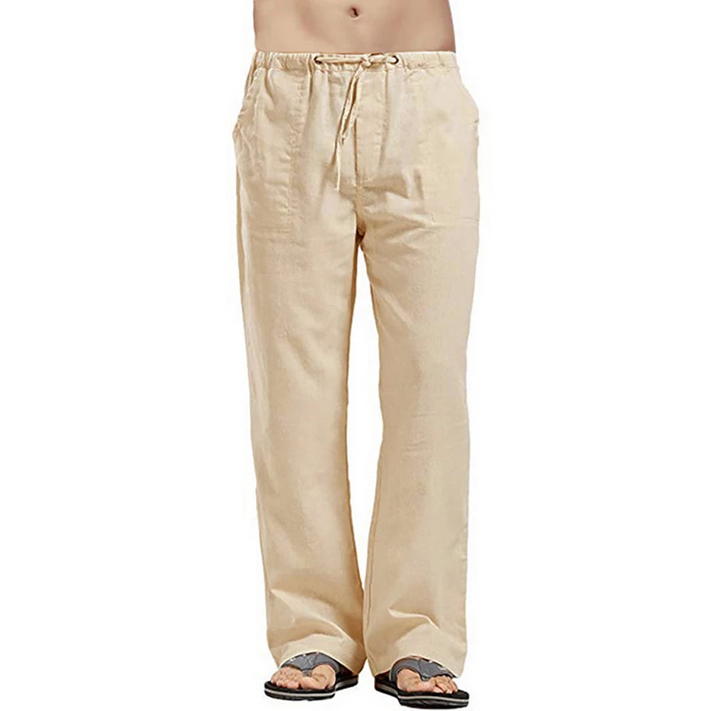 Herren Baumwolle Leinen Lange Hose Leicht Kordelzug mit Taschen Bequeme Gerade Bein Freizeithose für Sommer Strand