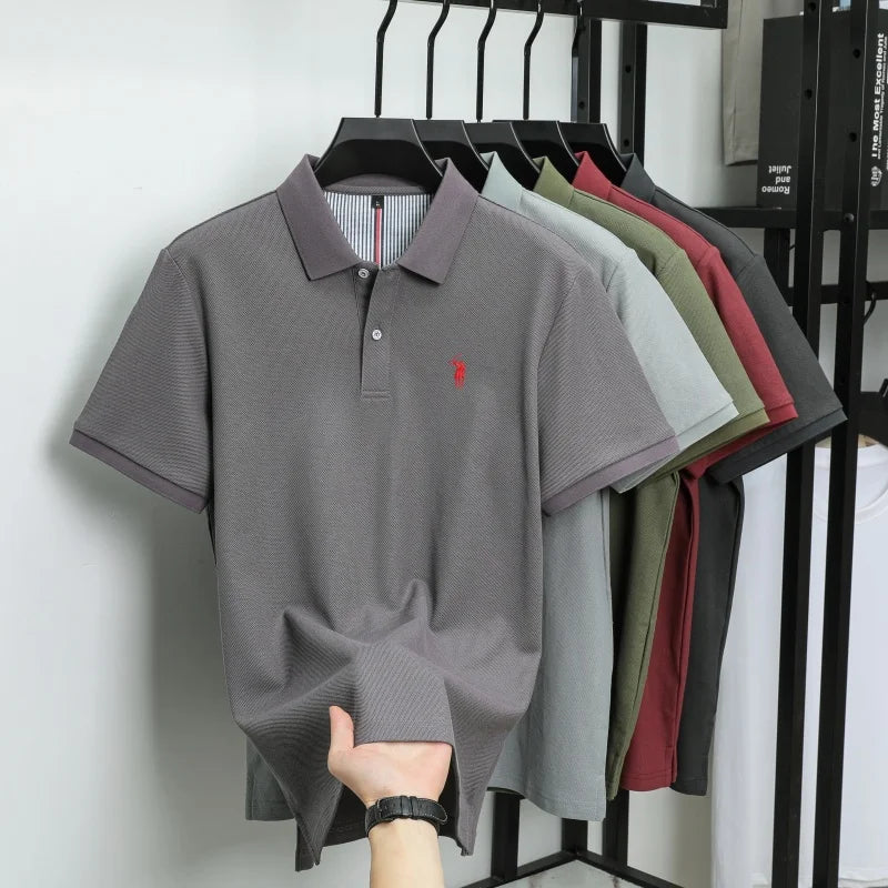T-shirt polo d'affaires d'été décontracté ample brodé de marque de luxe haut de gamme en coton pur à 100 % pour homme à manches courtes respirant