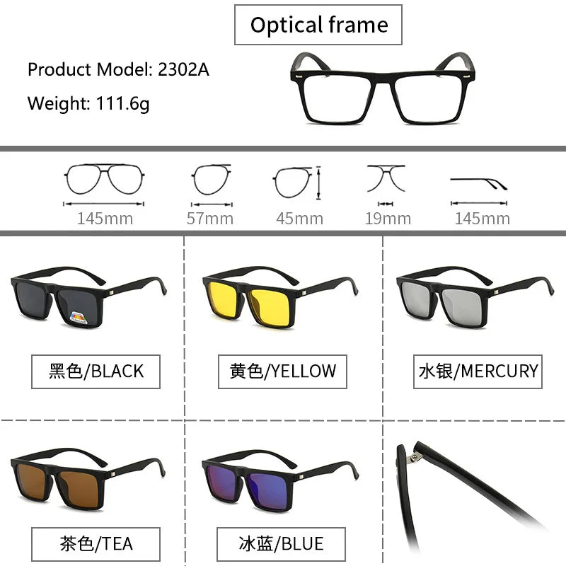 6 In 1 Polarized Sunglasses Men Women Magnetic Clip On Glasses TR90 Optical Prescription Eyeglass Frames Magnet Clips