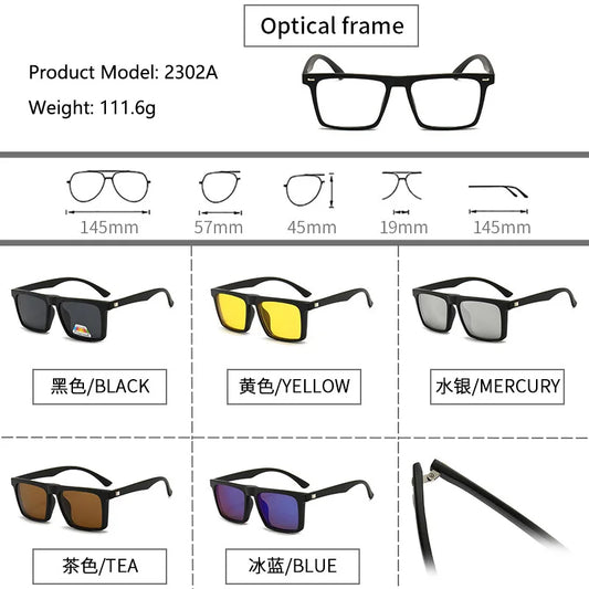 6 In 1 Polarized Sunglasses Men Women Magnetic Clip On Glasses TR90 Optical Prescription Eyeglass Frames Magnet Clips