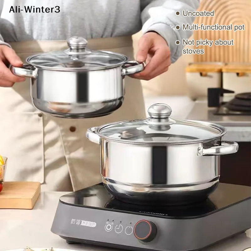 【R】Stainless Casserole Cookware Double Handle Soup Pot With Glass Cover For Induction Cooker Cooking