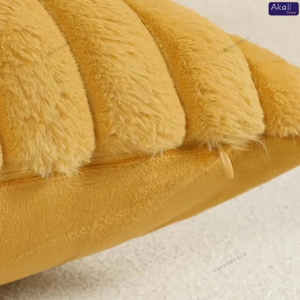 Housse de coussin en fausse fourrure de lapin, housse de coussin moelleuse et douce à rayures, oreillers décoratifs, décoration de luxe pour canapé