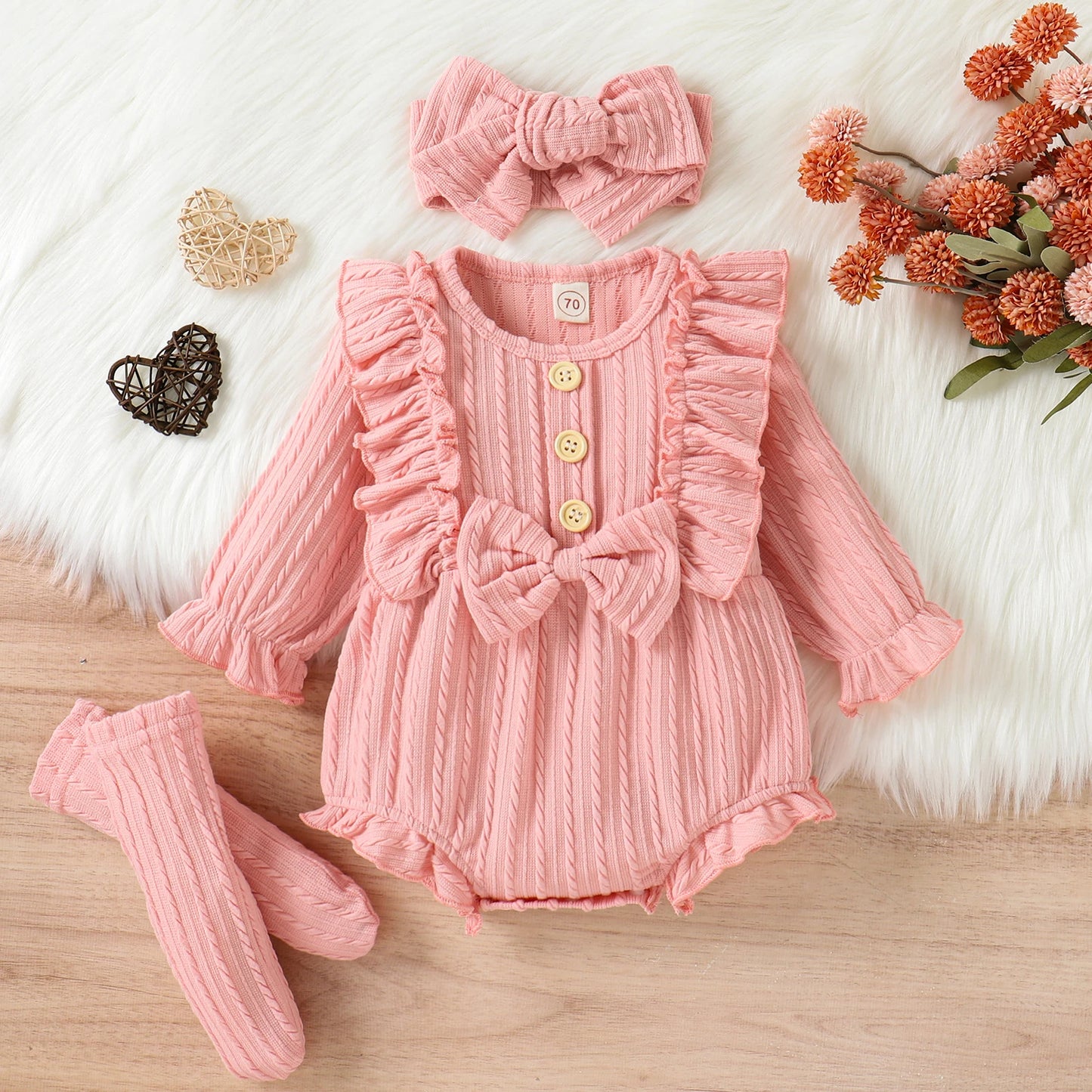 Ensemble 3 pièces printemps automne pour bébés filles, barboteuse à manches longues boutonnée avec volants + chaussettes + bandeau