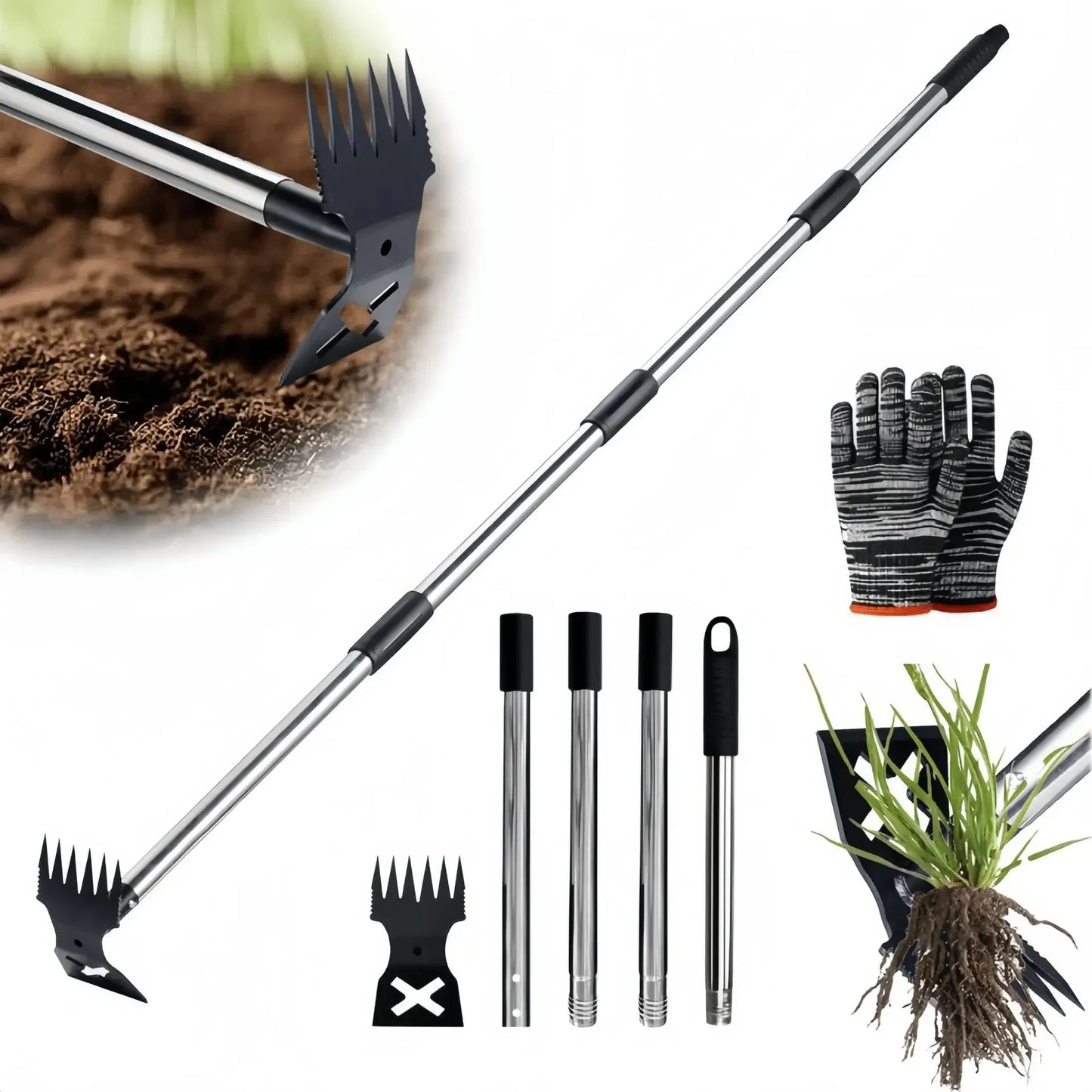 Bêche double usage tout acier avec manche réglable, râteau de jardin portatif domestique, pelle de désherbage, petite houe multifonctionnelle