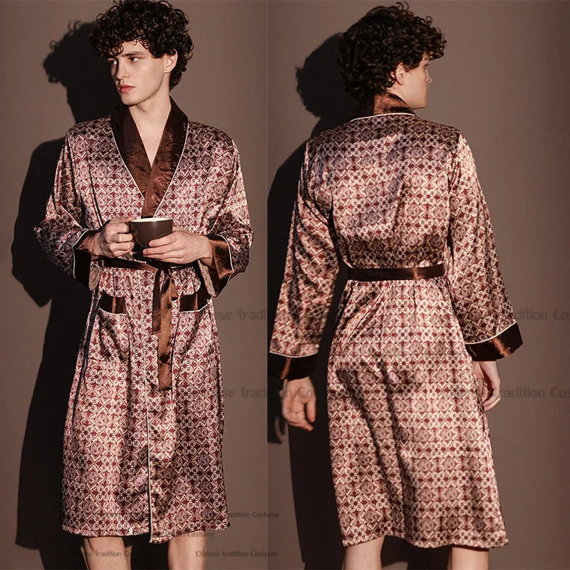Peignoir d'été fin pour hommes, Robe de nuit de haute qualité, Peignoir une pièce, Vêtements d'intérieur masculins, Pyjama en soie glacée imprimé de grande taille pour homme, printemps