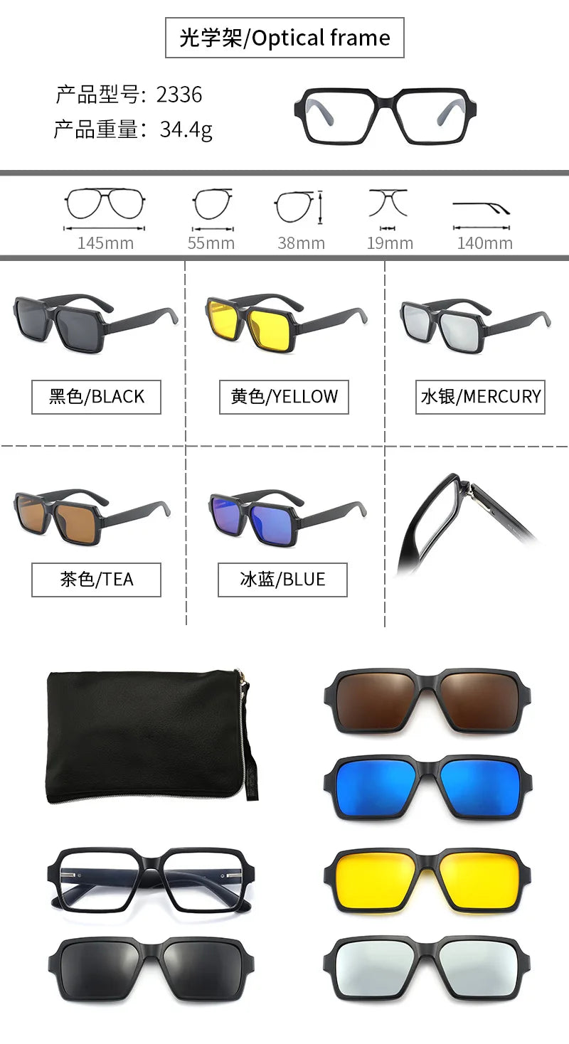 6 In 1 Polarized Sunglasses Men Women Magnetic Clip On Glasses TR90 Optical Prescription Eyeglass Frames Magnet Clips