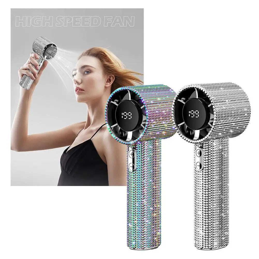 1 Stück Luxus Diamant Handheld Mini-Ventilator 199-Gang einstellbar Tragbarer Handheld Turbo-Ventilator Outdoor Digitalanzeige Elektrischer Ventilator
