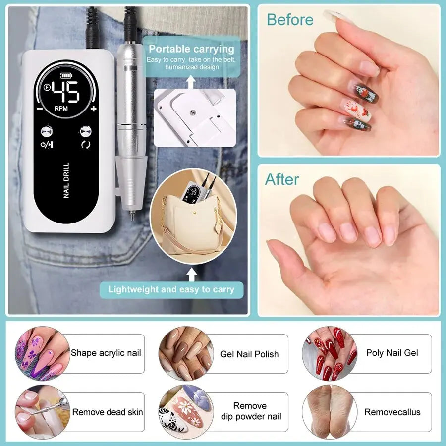 Professionelle 45000 U/min Elektrische Tragbare Nagelfräse Wiederaufladbare Geräuscharme Nagelfeile für Maniküre-Salon-Werkzeug