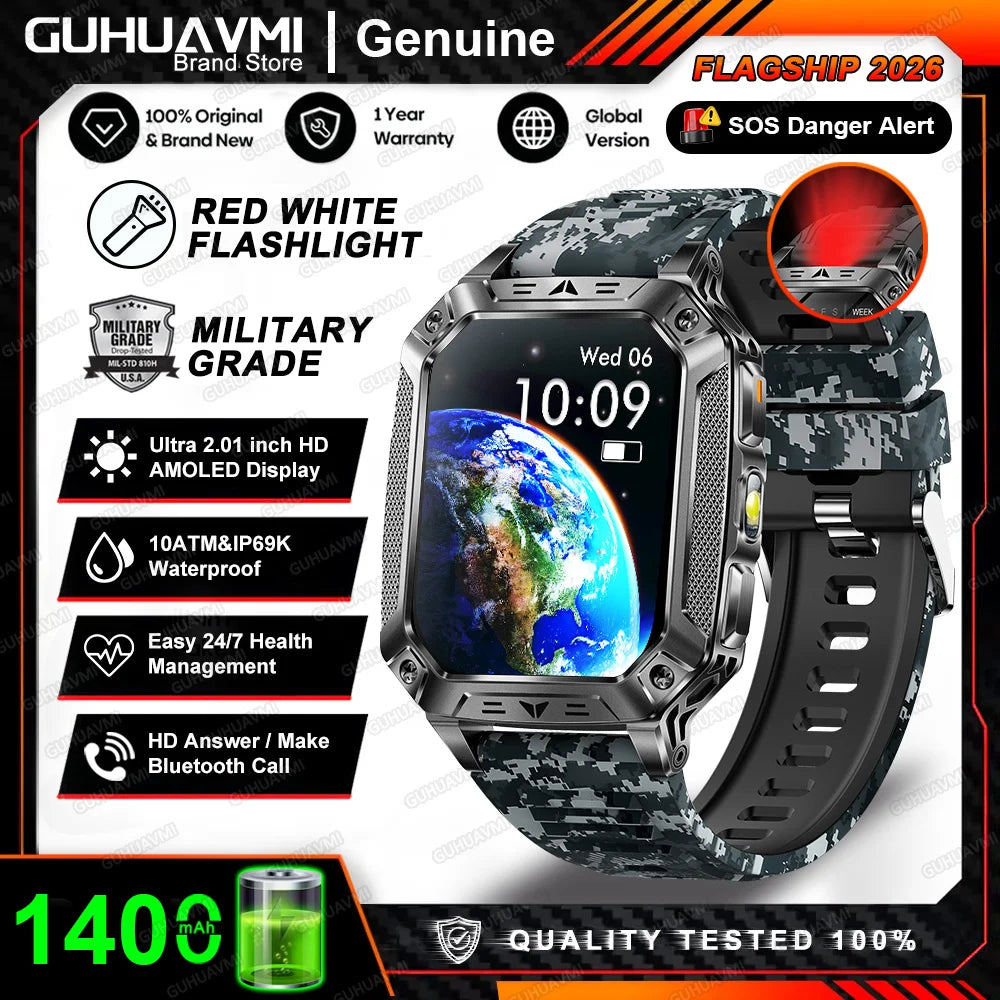 Montre connectée homme 2026 avec batterie ultra-large intégrée de 1400 mAh, GPS extérieur, écran AMOLED de 2,01", étanche 10 ATM, appel BT