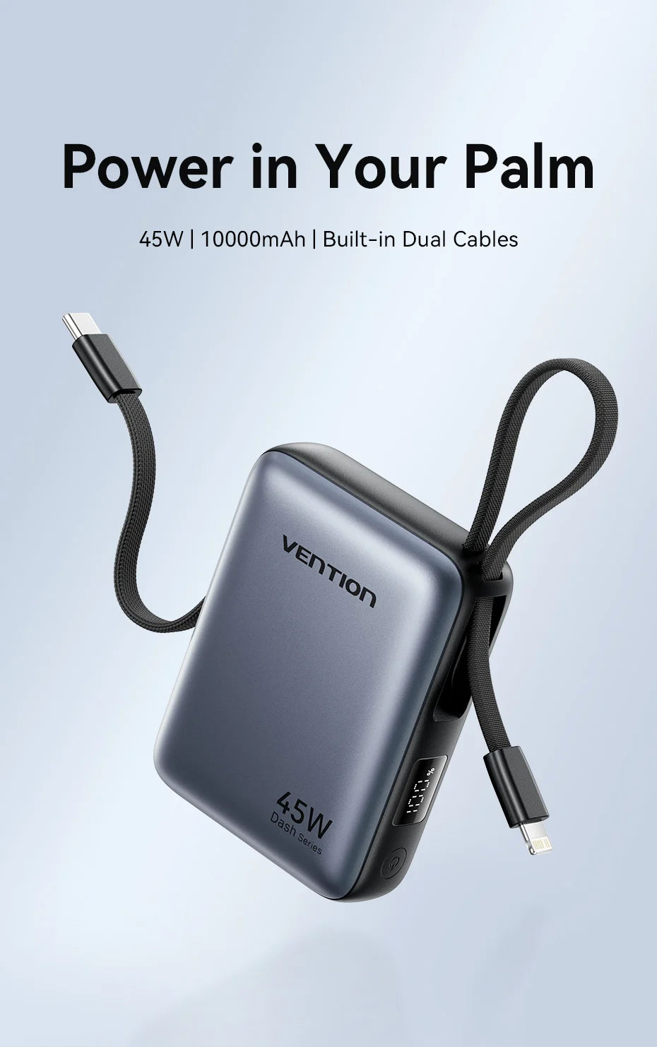 Vention 45W 10000mAh Powerbank mit integriertem USB-C- und Lightning-Kabel, tragbare Powerbank für iPhone 17 16 Samsung S26 S25 Xiaomi Poco