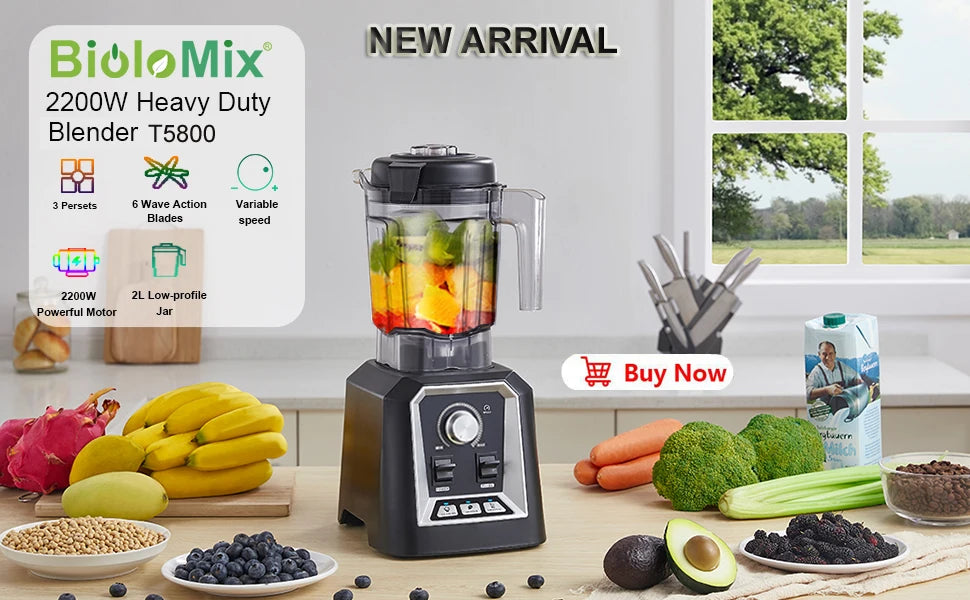 BioloMix BPA Free 2L Jar 2200W Professional Smart Timer Pre-programed Blender Mixer Juicer Food Processor Ice Smoothies Crusher