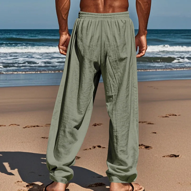 2024 neue Baumwoll-Leinen-Hose für Herren, große Größe, lässig, einfarbig, Schnürung