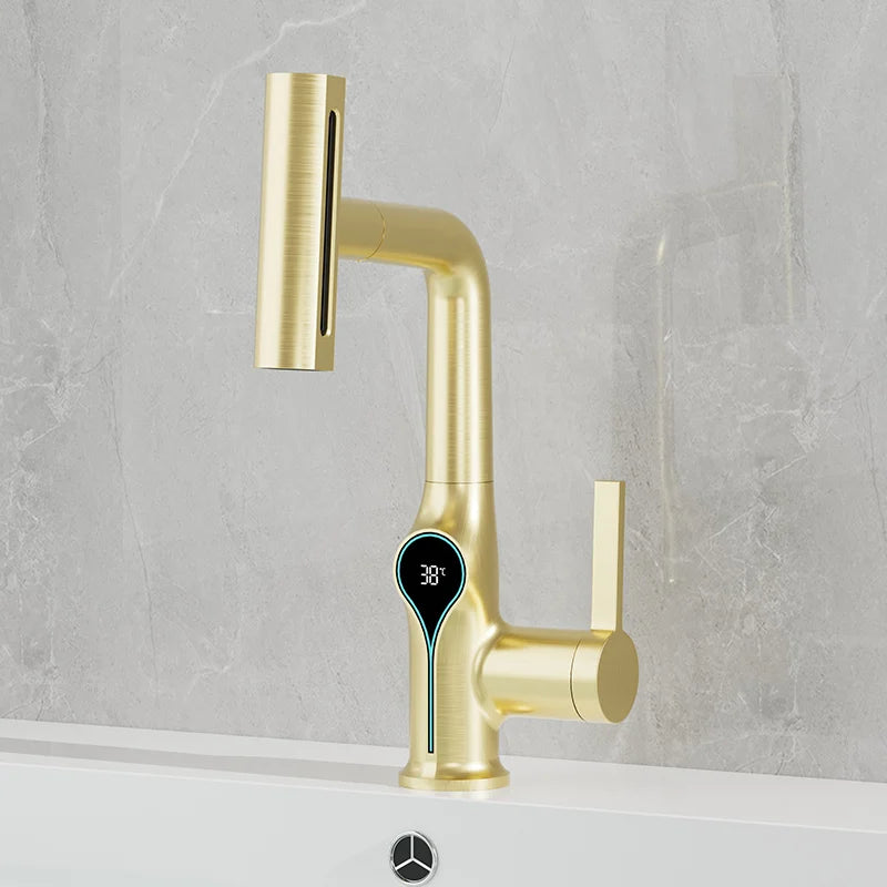 Robinet de lavabo numérique avec affichage de la température Cascade, pulvérisateur à jet relevable haut et bas, mélangeur chaud/froid pour salle de bain