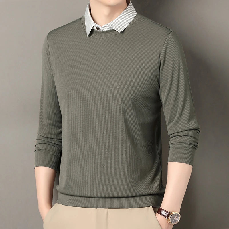Nouveau polo faux deux pièces pour homme 2025, décontracté, à la mode, à manches longues, col t-shirt, haut polyvalent