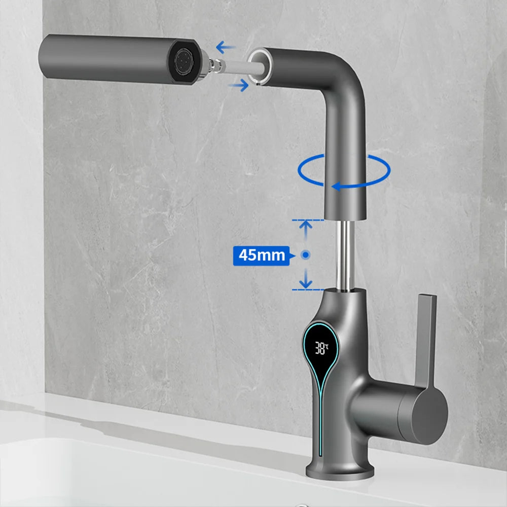 Robinet de lavabo numérique avec affichage de la température Cascade, pulvérisateur à jet relevable haut et bas, mélangeur chaud/froid pour salle de bain