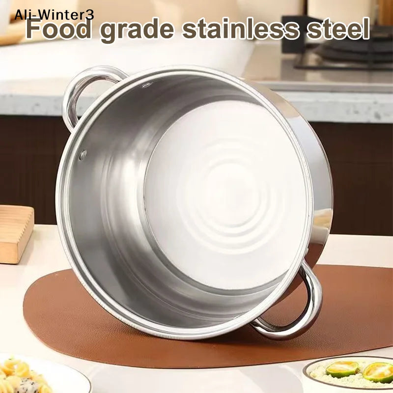 【R】Stainless Casserole Cookware Double Handle Soup Pot With Glass Cover For Induction Cooker Cooking