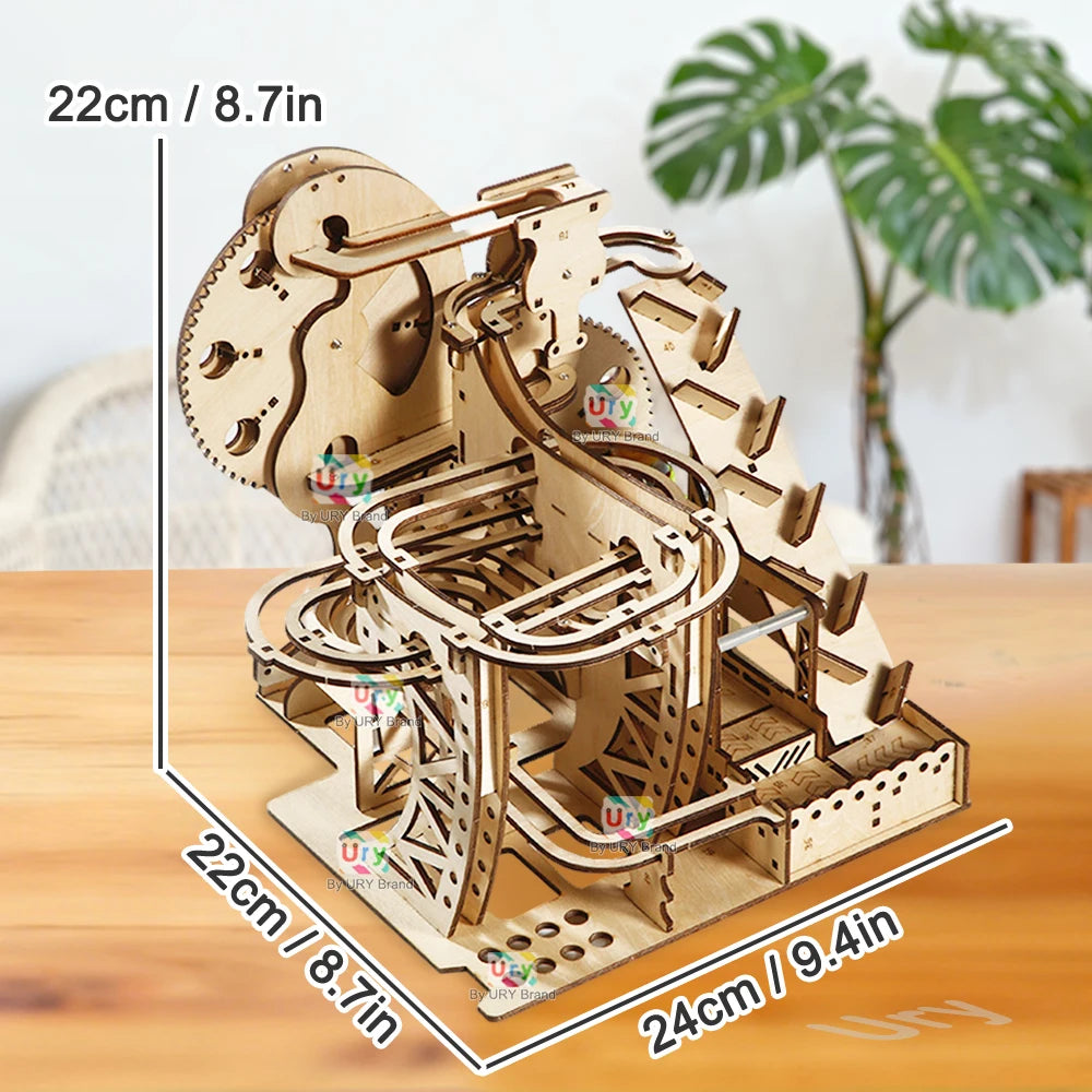 Ury 3D Wooden Puzzles Electric Marble Run Set Catapult Track Device Mechanical Model Science Balls Maze Assembly Gift for Kids