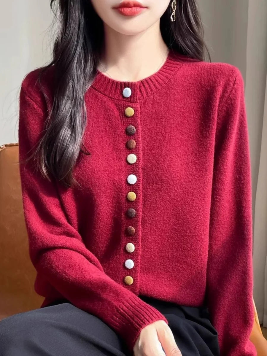 Cardigans Femme, Gilet Tricoté Chaud et Épais Boutonné à Col Rond Manches Longues pour l'Automne et l'Hiver, Haut de Chemise de Base