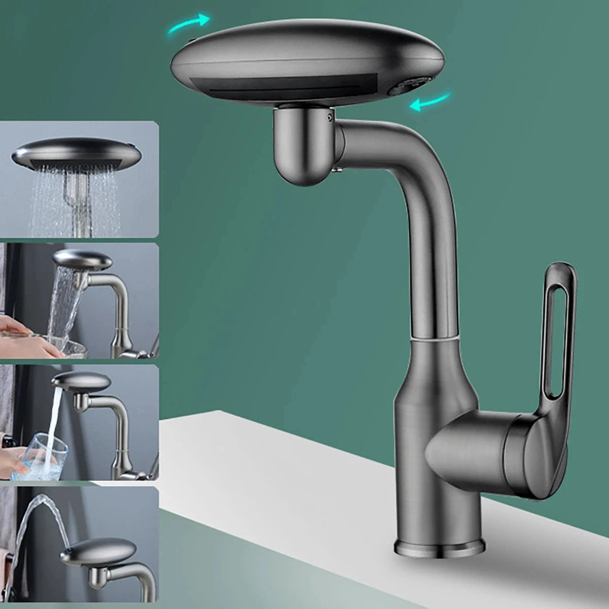 Multifunktionaler Wasserfall-Waschtischarmatur mit 4 Wasserauslassmodi, Sprüharmatur 360° drehbar, Warm-Kaltwasser-Spültischarmatur für das Badezimmer