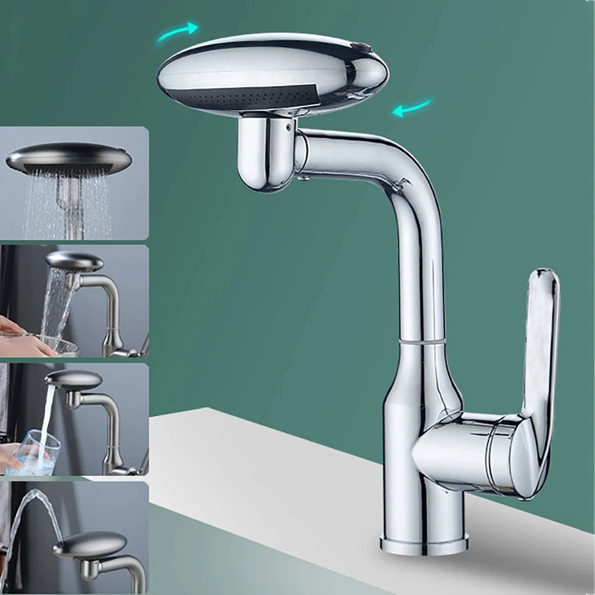 Robinet de lavabo cascade multifonctionnel 4 modes de sortie d'eau Robinet pulvérisateur Rotation à 360°, mélangeur d'eau chaude et froide pour salle de bain