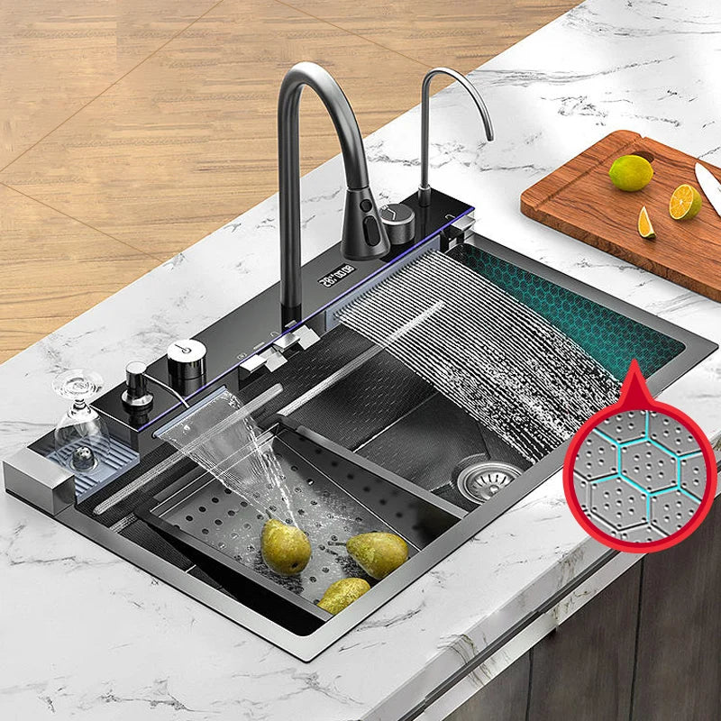 Évier de cuisine multifonction en acier inoxydable avec affichage numérique intelligent, grand bac unique et robinet cascade pour le lavage des légumes