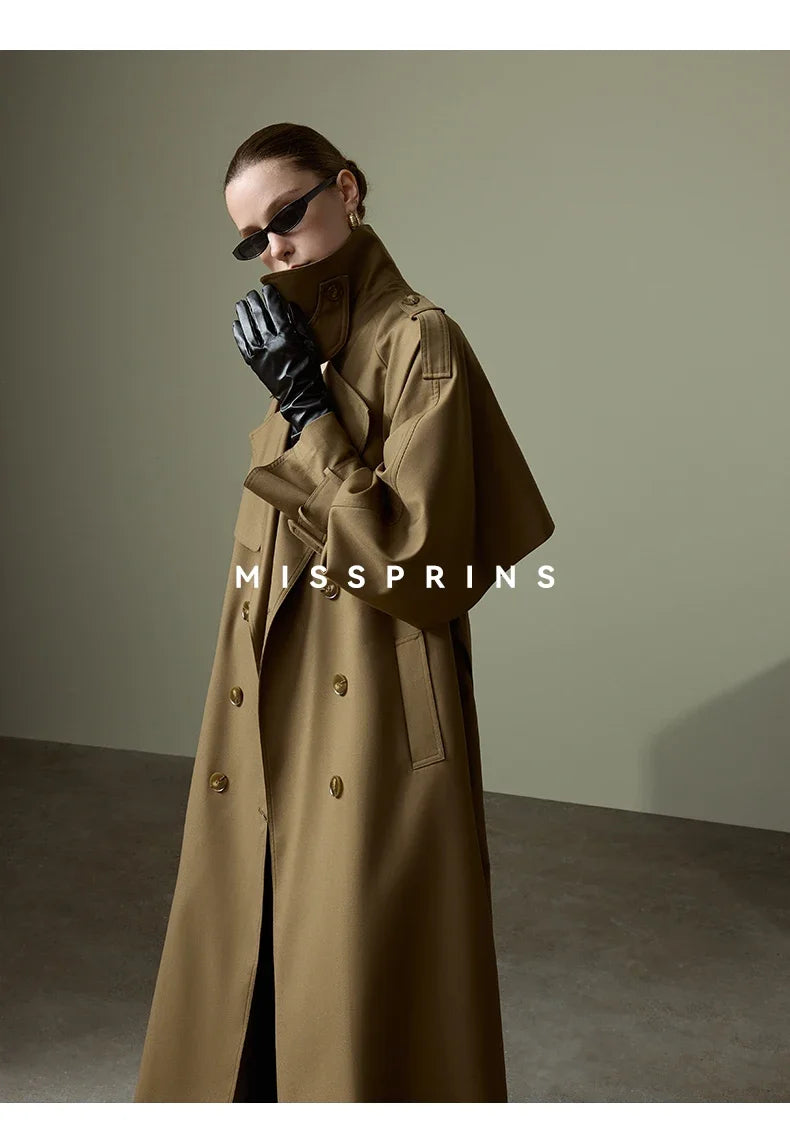 Lautaro Frühling Herbst Langer Khaki Trenchcoat für Damen Gürtel Zweireiher Schick Luxus Designer Europäische Mode Kleidung 2025
