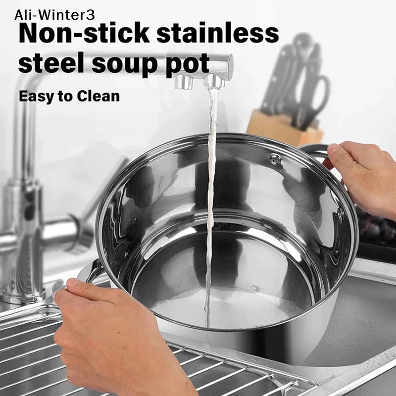 【R】Stainless Casserole Cookware Double Handle Soup Pot With Glass Cover For Induction Cooker Cooking