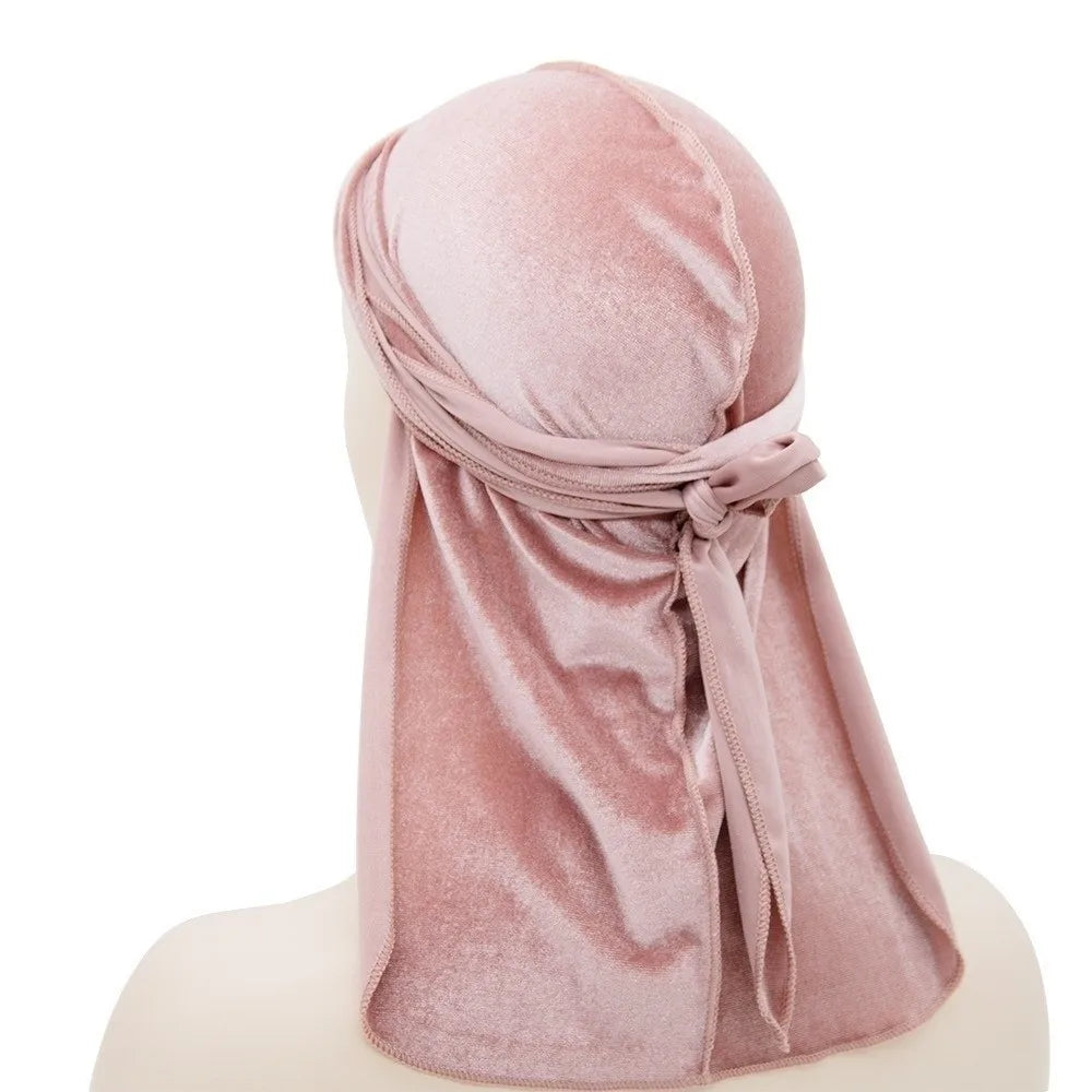 Nouveaux Durags en Velours Casquettes Longue Queue Chapeau Turban Respirant Bandeau Élastique Réglable Accessoires pour Cheveux